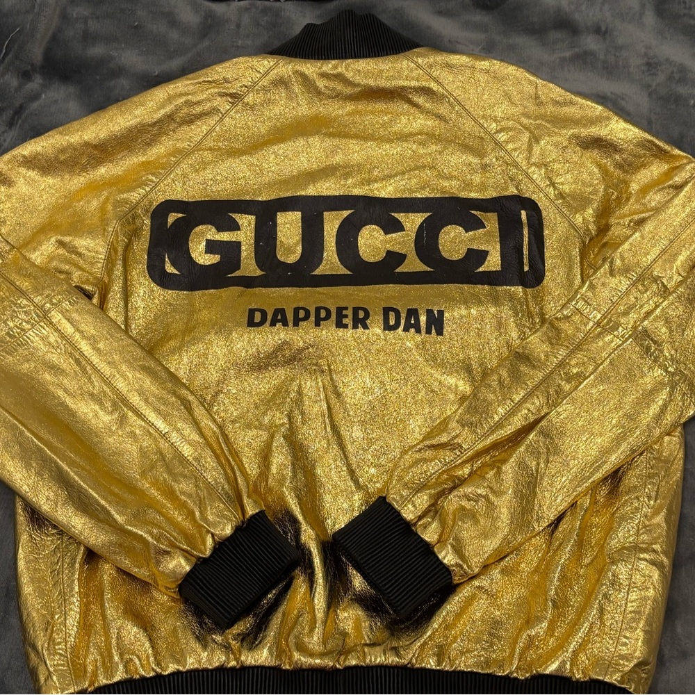 Gucci x Dapper Dan Metallic Gold Leather Bomber Jacket NWT